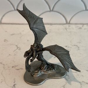 Vintage Partha Pewter Dragon With Skeleton Rider Red Jewel Eyes 4”‎ Tall 1987